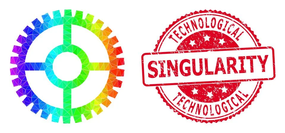 Round Distress Technological Singularity Stamp Seal With Vector Polygonal Clock Stock Illustration