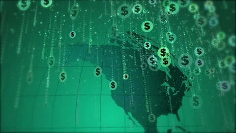 Round dollar symbols falling down like rain on green background Stock Footage 236468384