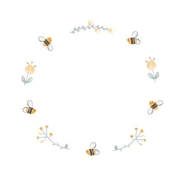 Round doodle frame of bees and flowers. Logo design for honey and bee farms Stock Illustration