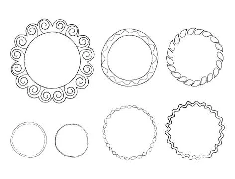Round Doodle Line Art Frames Vector Set 스톡 일러스트