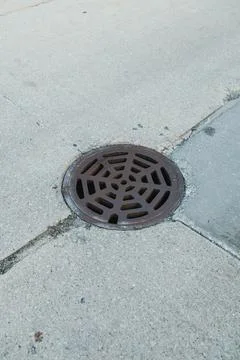 A round drain cover with a web pattern is set into a concrete sidewalk at a s 스톡 사진