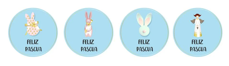 Round easter badges. Collection of greeting cards. Angel and bunny rabbit. Tr Stock Illustration