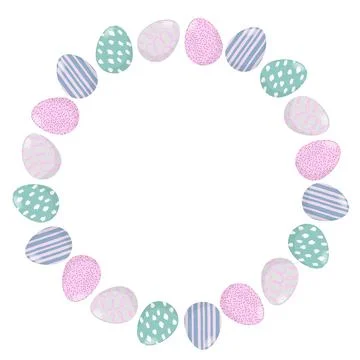 Round Easter Eggs Frame, border with white background. Pastel color Hand drawn Stock Illustration