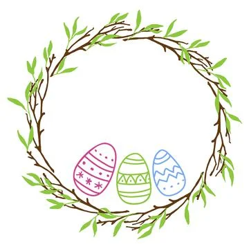 Round Easter Frame with branches and easter eggs. Pastel color Hand drawn wreath 스톡 일러스트