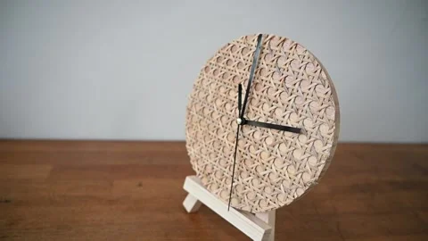 Round eco clock made of wood and epoxy. The subject of interior in your home Stock Footage 224307809