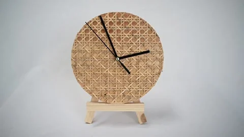 Round eco clock made of wood. Natural handmade tree Stock Footage 224308302