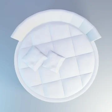Round elegant bed with soft white pillows, front view. 3d rendering. top view Illustrazione stock