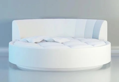 Round elegant bed with soft white pillows, front view. 3d rendering Illustrazione stock