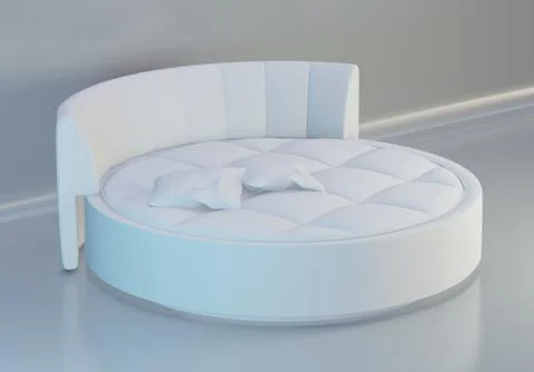 Round elegant bed with soft white pillows, front view. 3d rendering Illustrazione stock