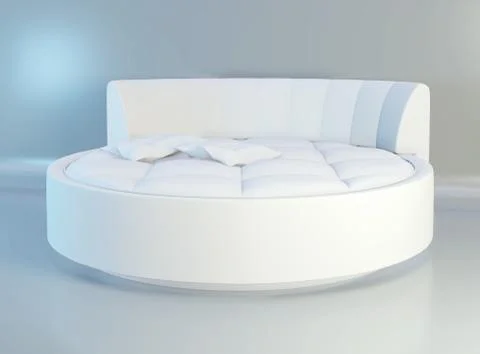 Round elegant bed with soft white pillows, front view. 3d rendering Illustrazione stock