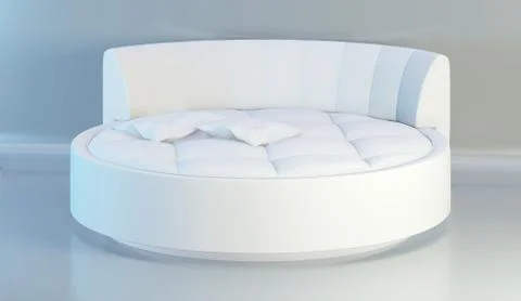 Round elegant bed with soft white pillows, front view. 3d rendering Stock Illustration