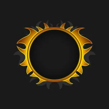 Round emblem with flames behind. Stock Illustration