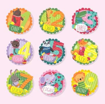 Round emblems with numbers from 1 to 9 and different animals. Bear, giraffe Stock Illustration