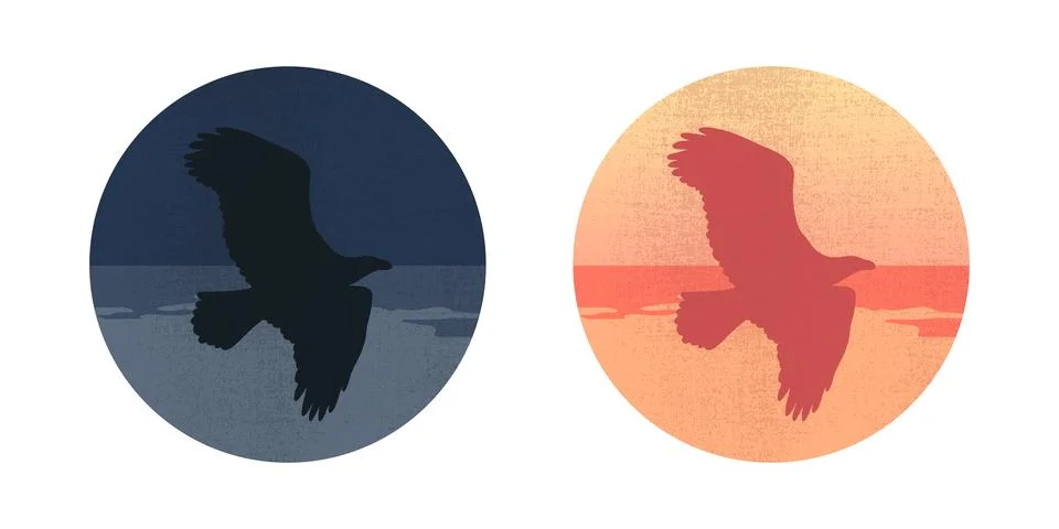 Round emblems with a silhouette of an eagle flying over a lake Ilustração Stock