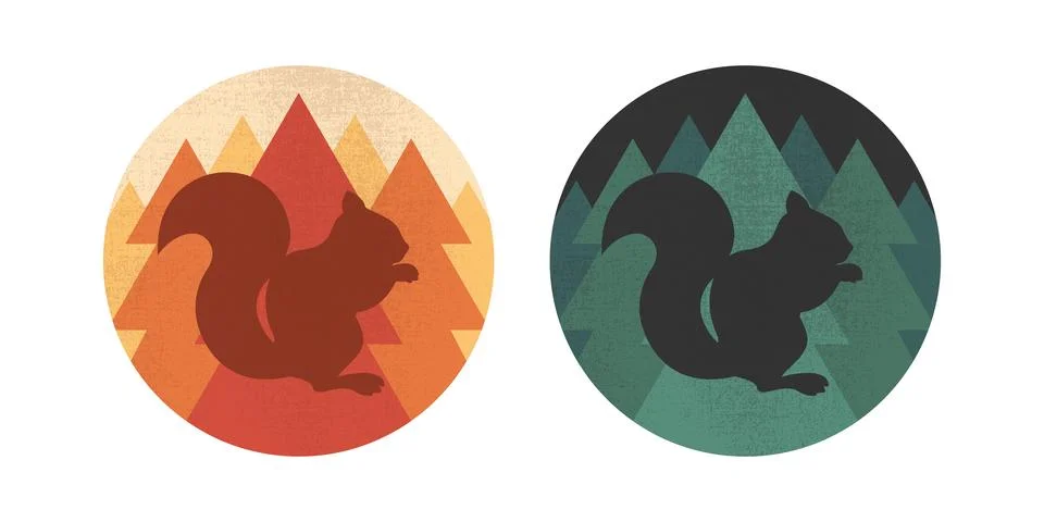 Round emblems with a squirrel silhouette on forest background. Forest animal Stock Illustration