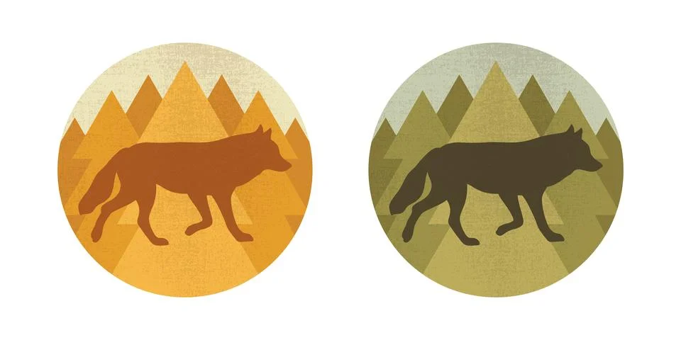 Round emblems with a wolf silhouette on forest background. Forest animal Stock-Illustration