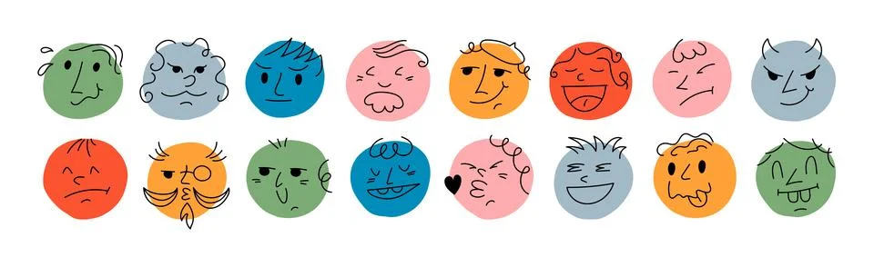 Round emoji comic faces with various Emotions Stock Illustration