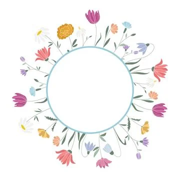 Round empty frame of colorful flowers Stock Illustration