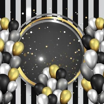 Round empty frame with realistic elegant balloons with tinsel and bokeh decor Stock Illustration
