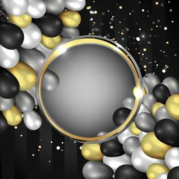 Round empty frame with realistic elegant balloons with tinsel and bokeh decor Stock Illustration