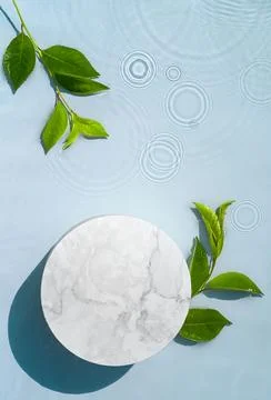 Round empty podium and tropical leaves in water with waves, splashes for na.. Stock Photos