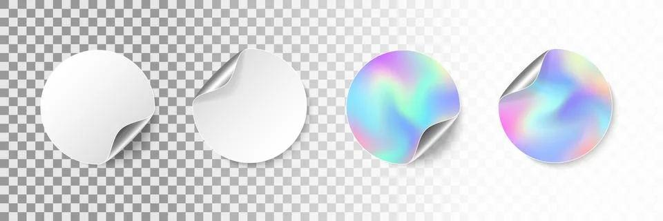Round empty stickers with rolled corner and shadow. Realistic blank white and Stock Illustration