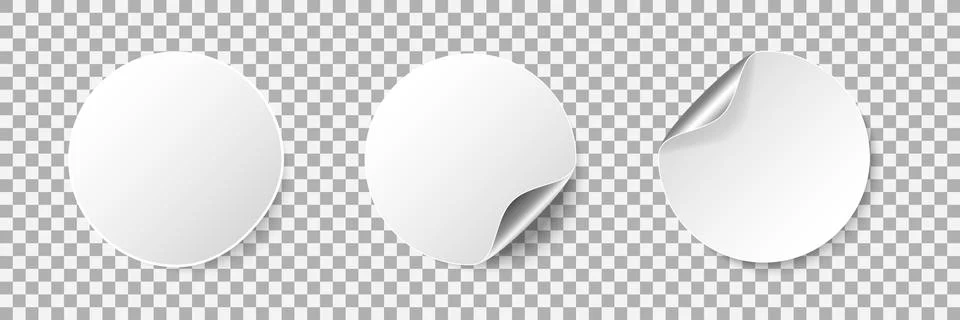 Round empty stickers with rolled corner and shadow. Realistic blank white Stock Illustration