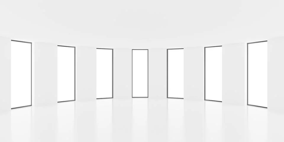 Round empty white room or gallery with series of bright windows, modern emp.. Stock Illustration