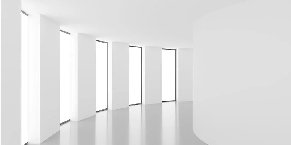 Round empty white room or hallway with series of bright windows on the left.. Stock Illustration