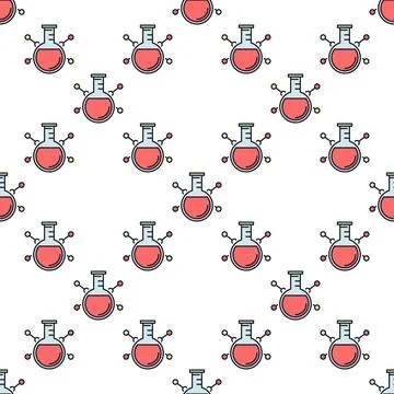 Round Flask and molecular formula vector Education colored seamless pattern Stock Illustration