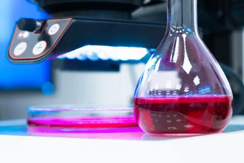 Round flask with colored liquid or blood sampleon the table in a modern Foto stock