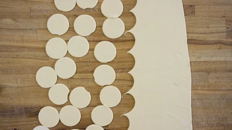 Round flat bread dough for dumplings. Scene. Top view close up of hands making Video stock 106005026