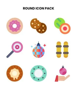 Round Flat Collection Icons Pack Stock Illustration