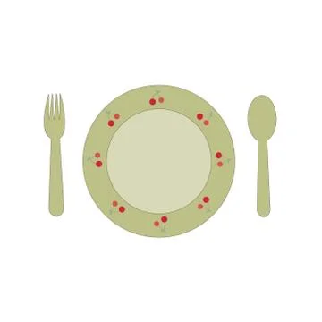 Round flat plate with a pattern with a spoon and fork on a white background. Stock Illustration