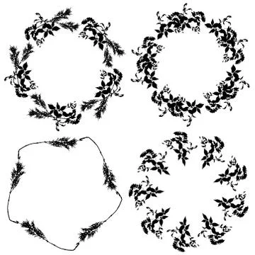 Round floral frame set, black leaves on white background. Vector Stock Illustration