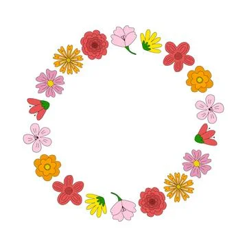Round flower frame from different meadow flowers, spring design element, vector Stock Illustration