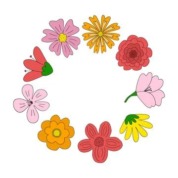 Round flower frame from different meadow flowers, spring design element, vector Stock Illustration