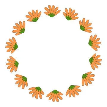 Round flower frame from simple orange flowers, spring design element, vector Stock Illustration
