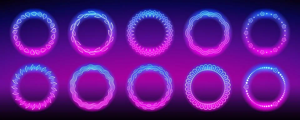 Round Flower Neon Frames Set Stock Illustration