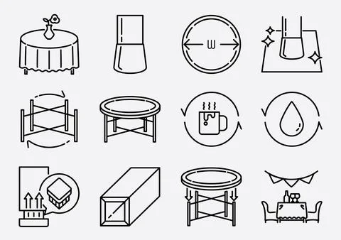 Round folding table lineal icon set Stock Illustration