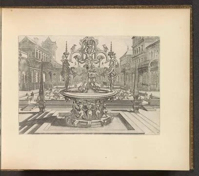Round fountain supported by sphinxes in a courtyard; Artis perspectiva (..... Stock Photos