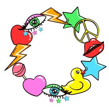 Round frame 70s, 80s items style set. Cartoon colorful funny retro background Stock Illustration