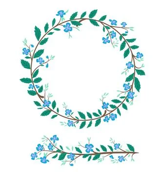 Round frame and decorative line with veronica flowers. Blooming speedwell o.. Stock Illustration