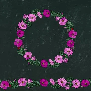 Round Frame and Endless Brush with Wild Roses. Summer Flowers Greeting Card o Stock Illustration