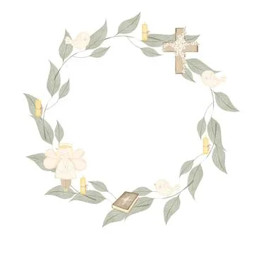 Round frame with an angel and branches with birds. Watercolor wreath with cute Stock Illustration