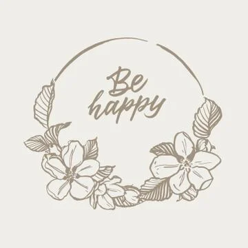 Round frame with apple-tree flowers. Vector hand drawn illustration. Stock Illustration