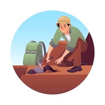 Round frame with archaeologist man digging with pickaxe into ground on rocks  스톡 일러스트