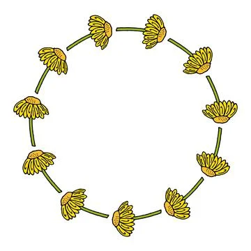 Round frame with awesome horizontal yellow flowers on white background. Vecto 스톡 일러스트