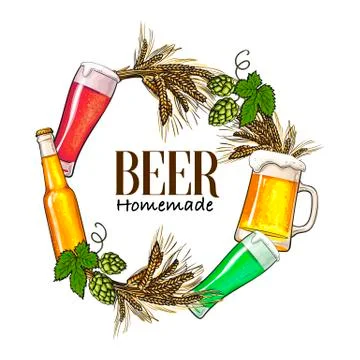 Round frame of beer bottle, mug, glass, malt and hop Stock Illustration