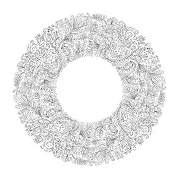 Round frame with black and white doodle flowers. Vector element for invitations 스톡 일러스트